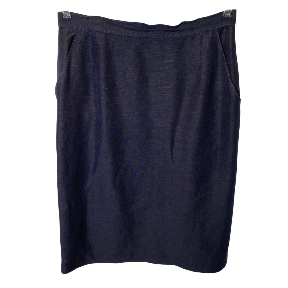Vintage Giorgio Sant'Angelo Pencil Skirt Women 12 Navy Linen Blend Old Money 90s